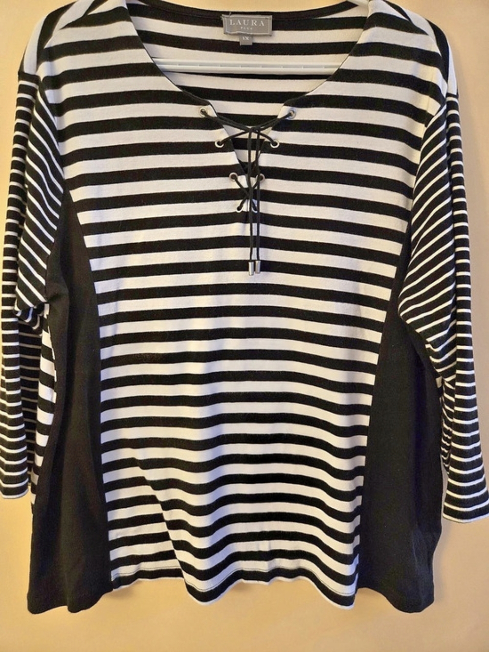Laura Plus Striped Lace-Up Top in Black & White Size 1X